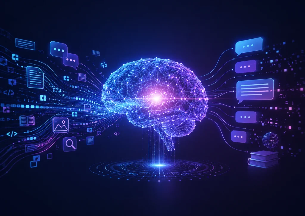 Visual representation of a Large Language Model processing information and generating AI responses