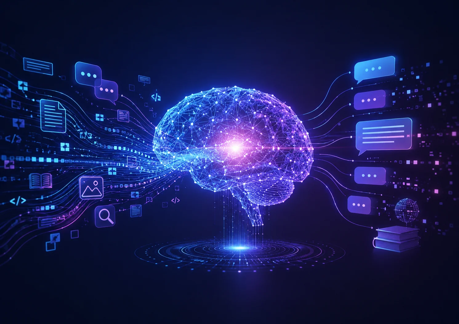 Visual representation of a Large Language Model processing information and generating AI responses