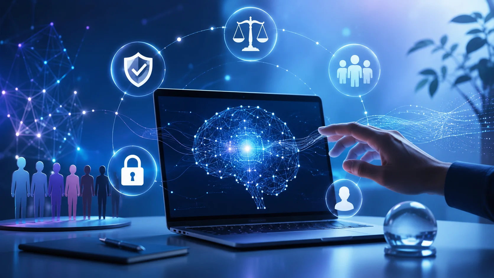 Responsible AI illustration showing safety, fairness, privacy, and human oversight