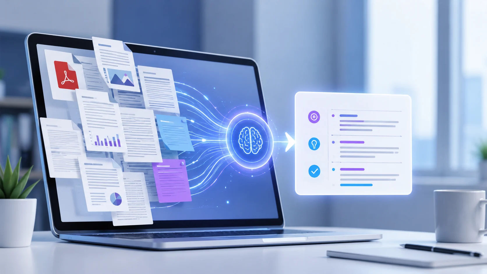 AI summarizer tool condensing documents, articles, and PDFs into a concise summary