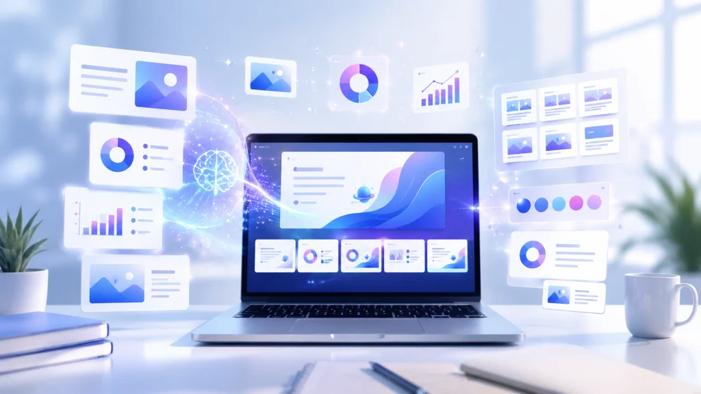 AI presentation tool generating slide layouts, visuals, and charts