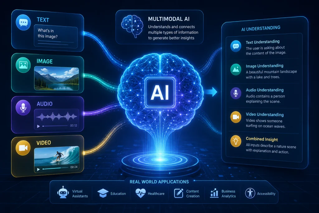 Multimodal AI system processing text, images, audio waves, and video frames in one connected workflow