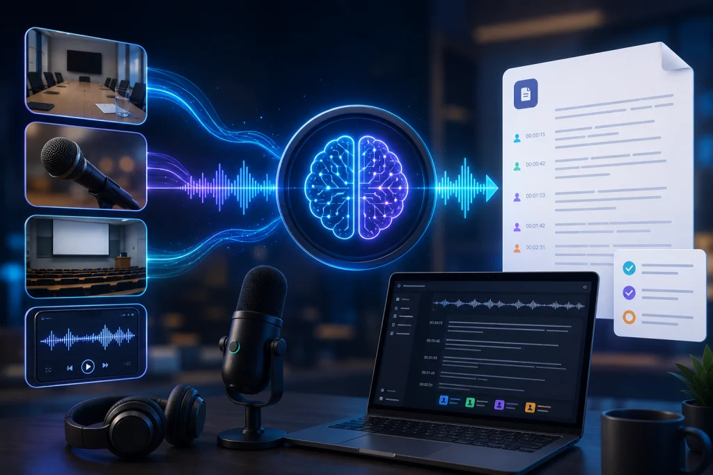 Audio waveform and multiple speakers being converted into a clean structured transcript