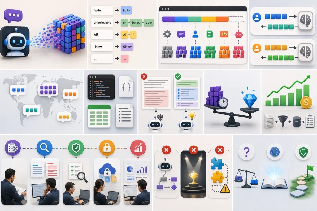 Abstract AI text being broken into small connected token units before entering a language model