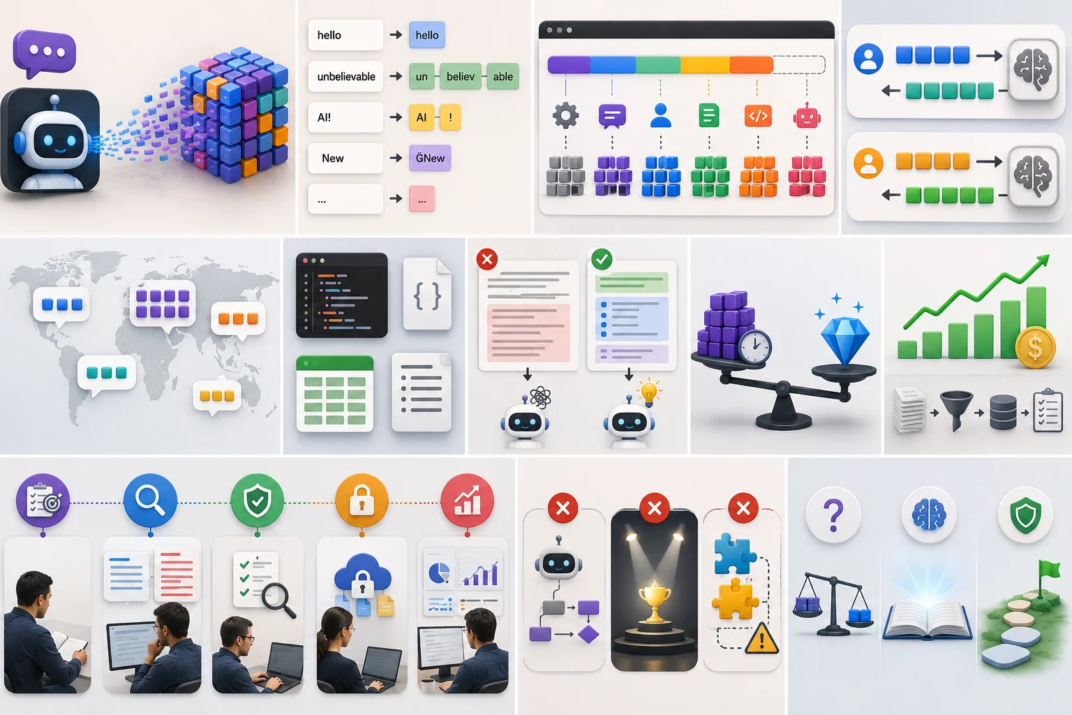 Abstract AI text being broken into small connected token units before entering a language model