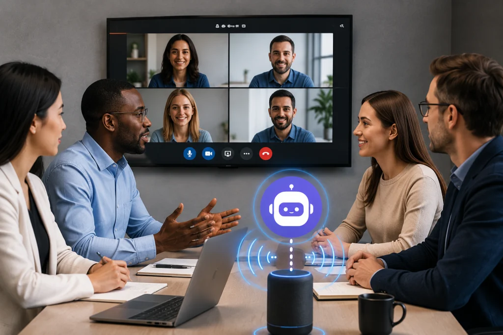Virtual meeting with AI capturing transcript, decisions, action items, and follow-up tasks in the background