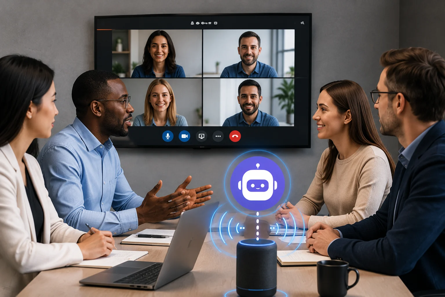 Virtual meeting with AI capturing transcript, decisions, action items, and follow-up tasks in the background