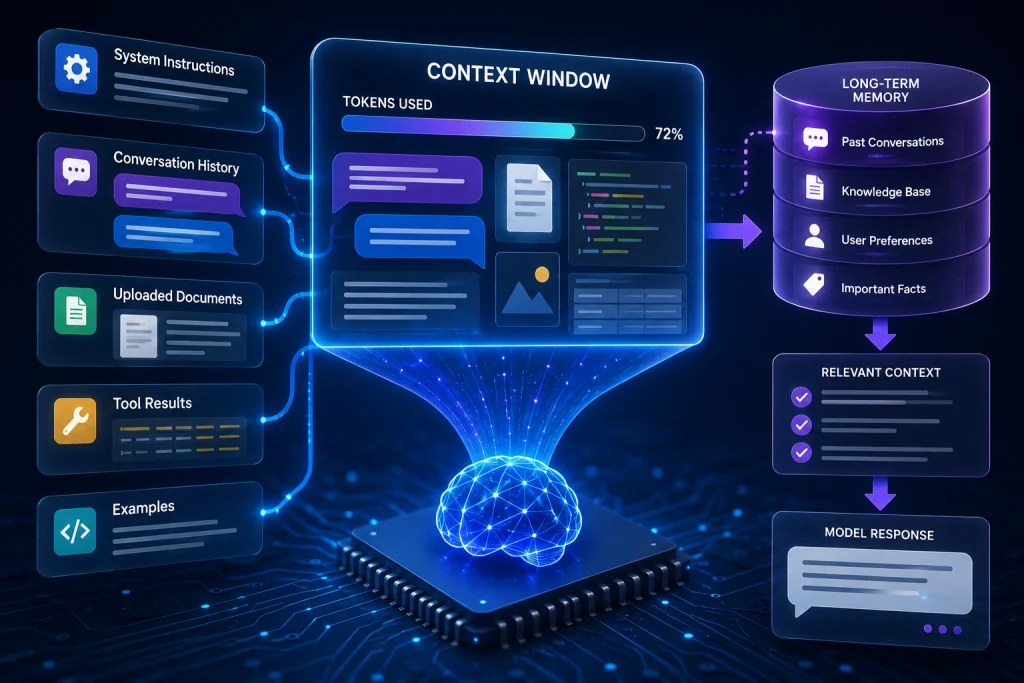 Illustration of an AI context window showing how system instructions, conversation history, uploaded documents, tool outputs, and memory work together to generate AI responses.