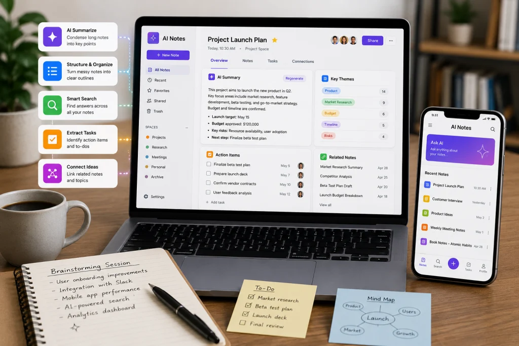 AI note-taking workspace showing summarized notes, organized themes, action items, related ideas, smart search, and mobile access across a laptop and smartphone.