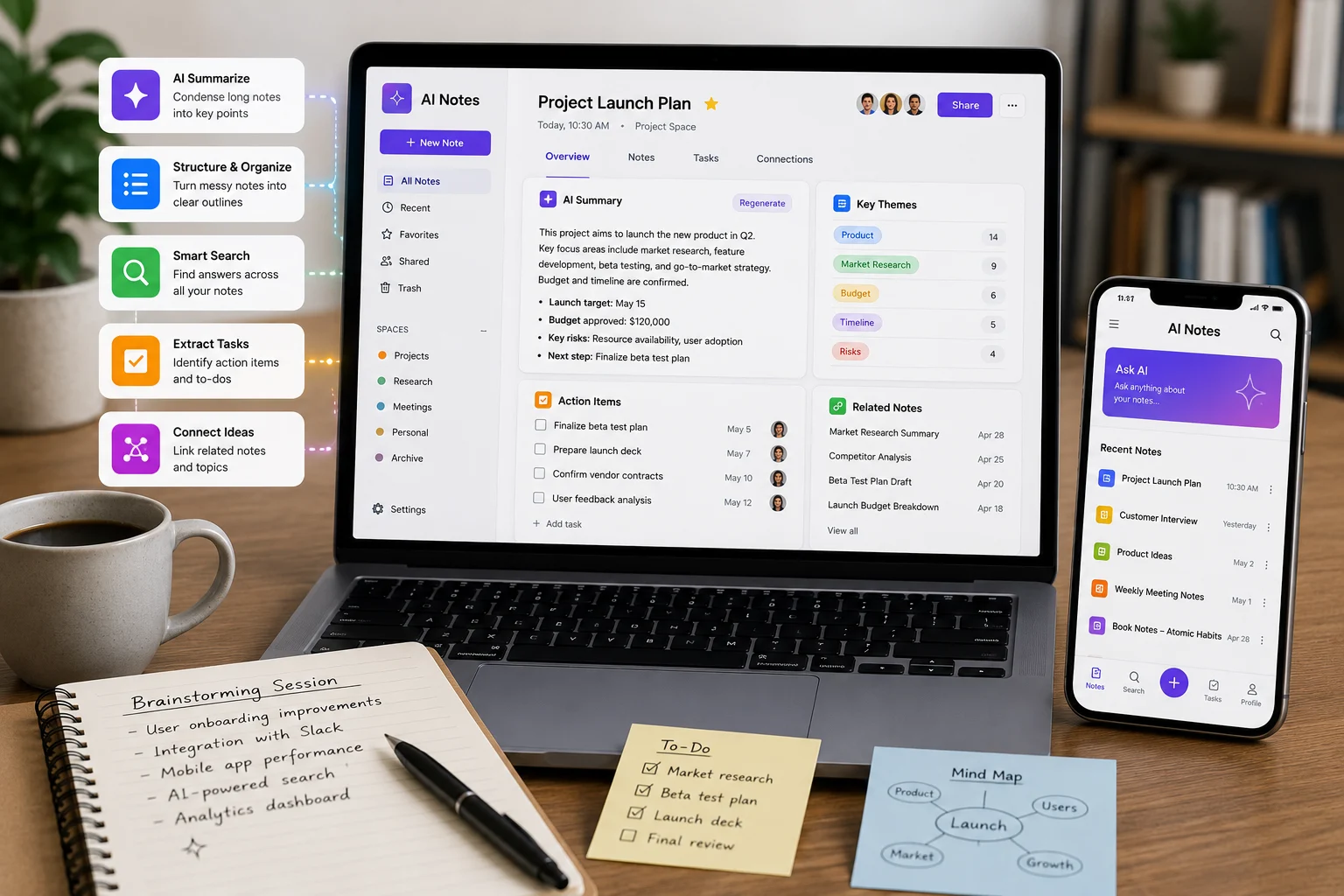 AI note-taking workspace showing summarized notes, organized themes, action items, related ideas, smart search, and mobile access across a laptop and smartphone.