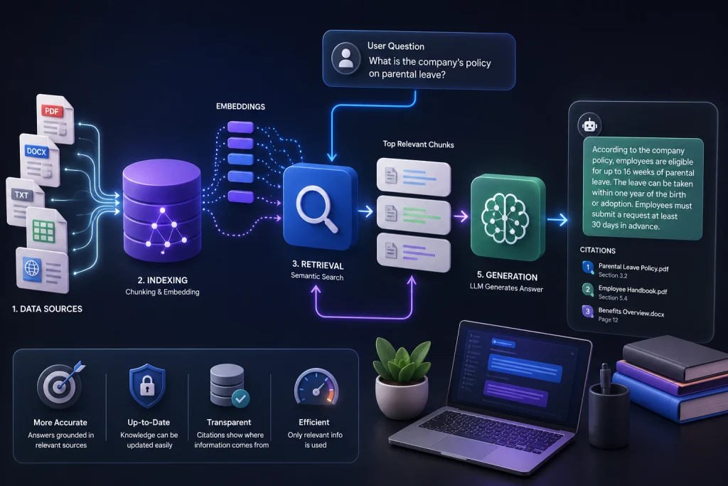 Illustration of a Retrieval-Augmented Generation (RAG) workflow showing document retrieval, semantic search, embeddings, AI context, and grounded answer generation from external knowledge sources.