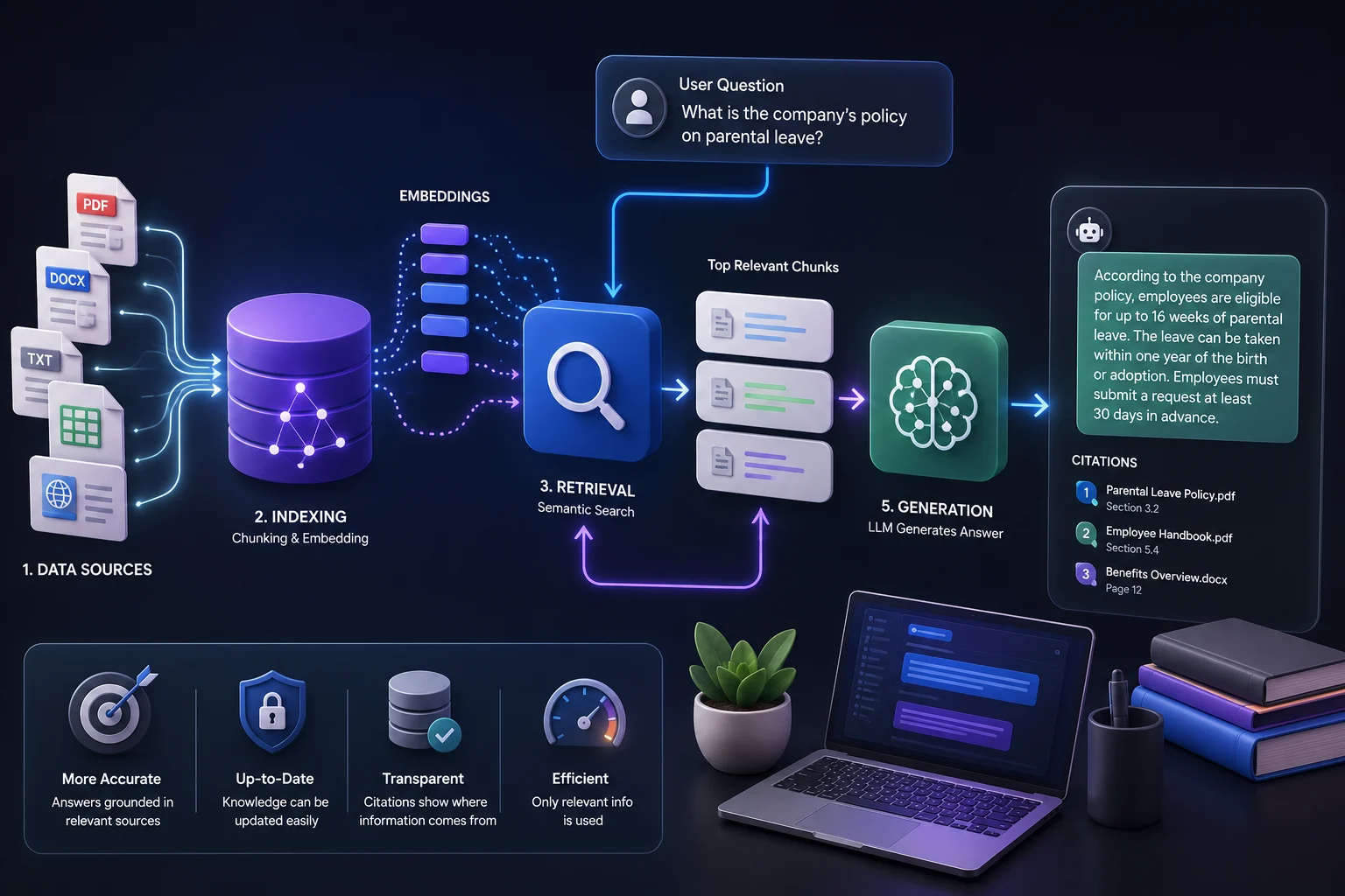 Illustration of a Retrieval-Augmented Generation (RAG) workflow showing document retrieval, semantic search, embeddings, AI context, and grounded answer generation from external knowledge sources.