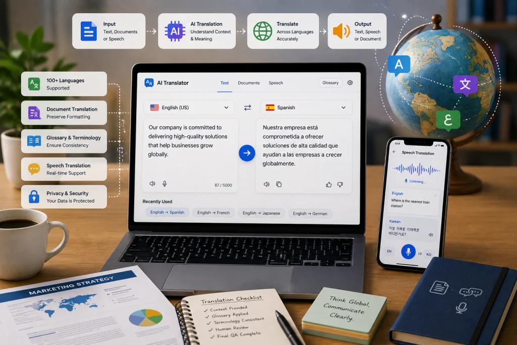 AI translation workspace showing text, document, and speech translation across multiple languages with glossary support, formatting preservation, and real-time communication tools.