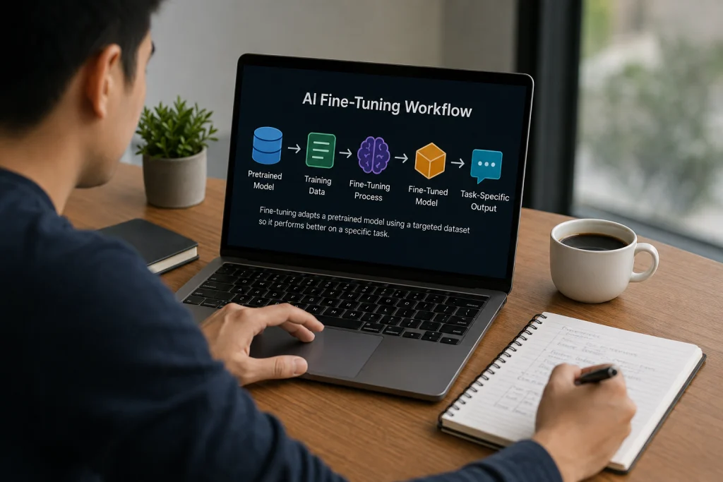 Software engineer fine-tuning an AI model on a laptop using training data and task-specific workflow visualizations.