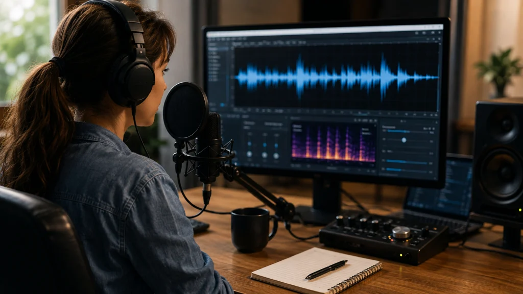 AI voice generator workflow with a creator recording audio in a professional studio using a microphone and audio editing software.