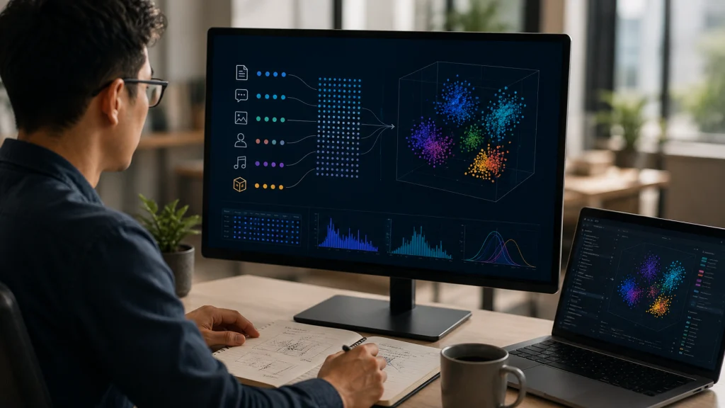 Developer analyzing AI embeddings on a computer using vector visualizations to compare semantic relationships between data.