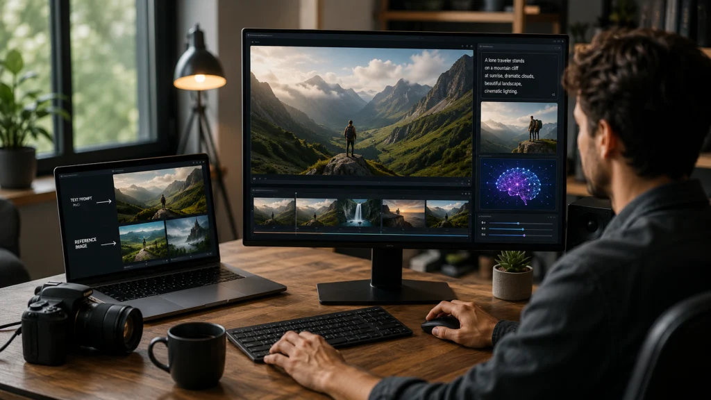 A content creator reviewing an AI-generated video sequence on a professional editing workstation, illustrating how AI video generator tools transform text and images into video.