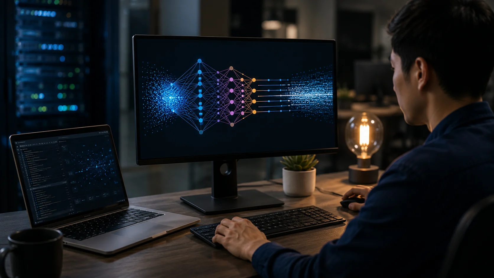 A developer running AI inference on a workstation while monitoring a trained neural network model processing new input data.