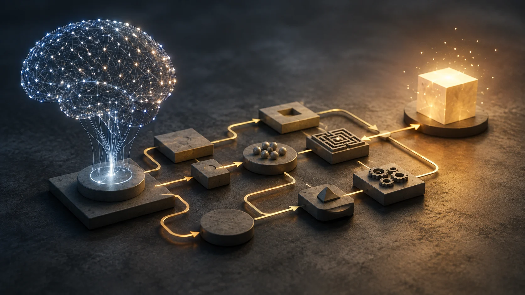 A conceptual workflow of interconnected objects representing how an AI reasoning model analyzes multiple steps before reaching a solution.