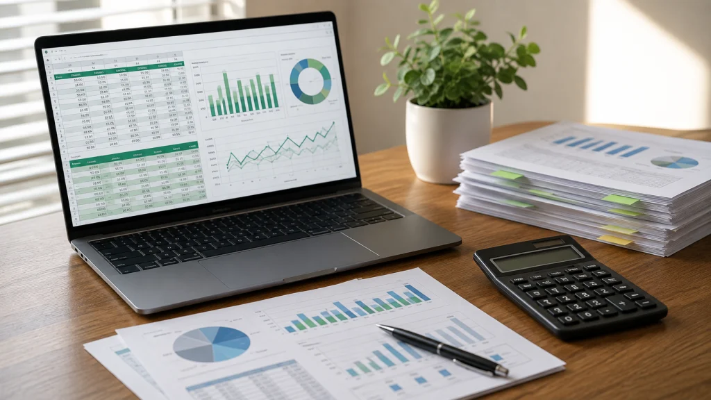 A laptop displaying charts and tables alongside printed reports illustrates how AI spreadsheet tools help organize and analyze business data.