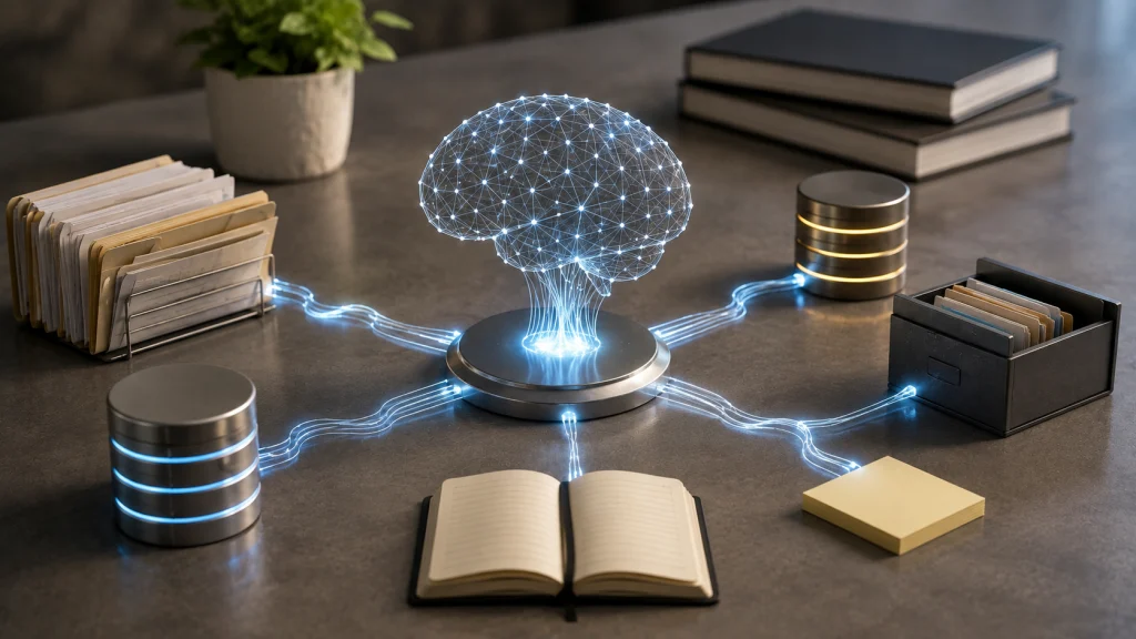 A conceptual illustration of AI memory showing a neural network connected to databases, documents, and storage systems that preserve information over time.