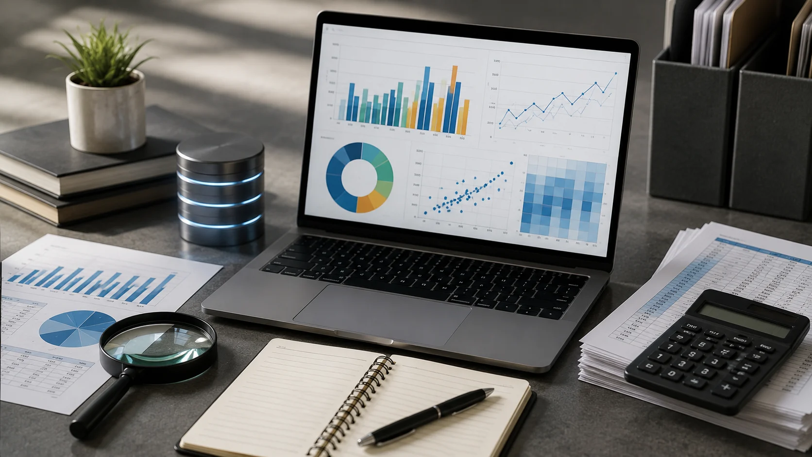 A laptop displaying charts and analytics dashboards alongside reports and documents illustrates how AI data analysis tools help explore datasets and identify insights.