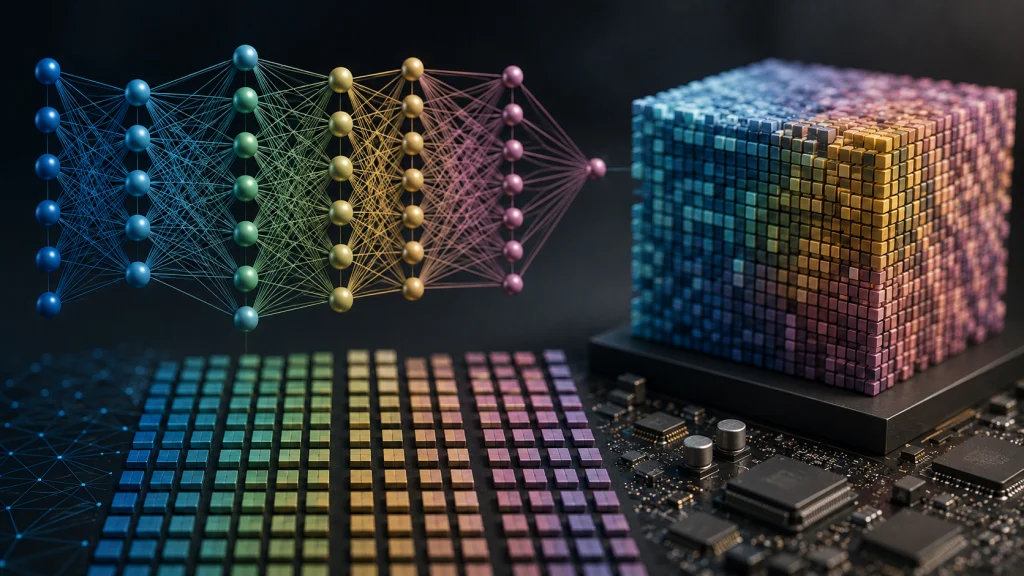 Illustration of a neural network and interconnected computing components representing AI model parameters and how they influence machine learning models.