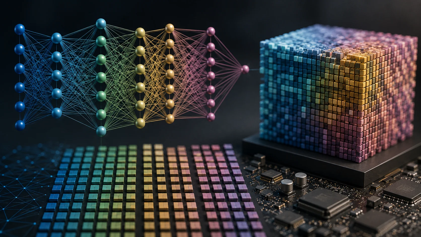 Illustration of a neural network and interconnected computing components representing AI model parameters and how they influence machine learning models.
