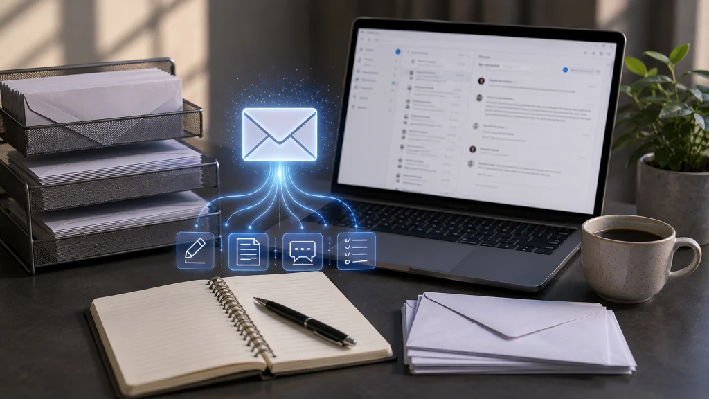 A modern workspace with envelopes, a laptop, and digital email elements illustrating how AI email assistants help draft, organize, and manage email communication.