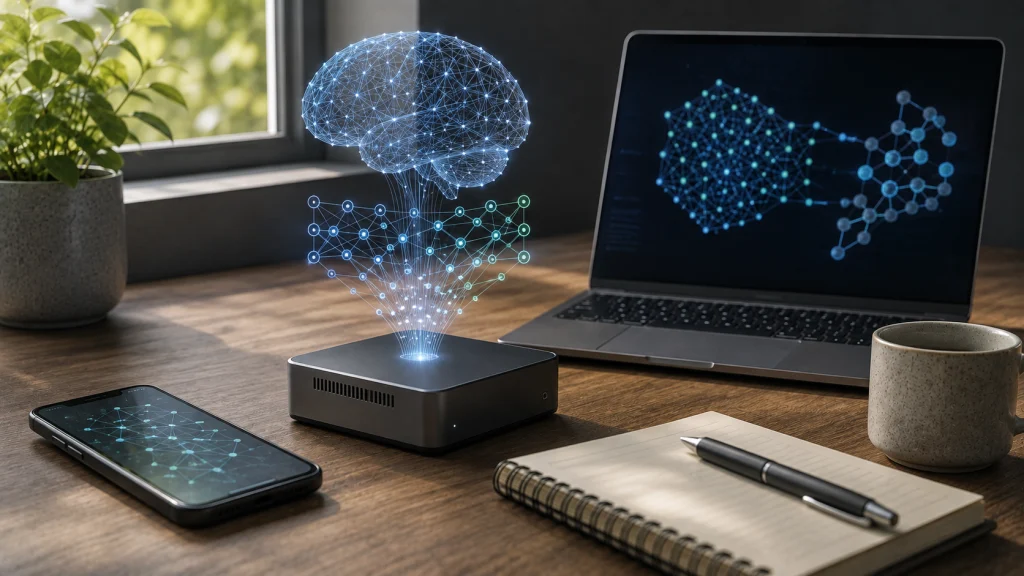 A compact computer, laptop, and smartphone illustrate how small language models enable efficient AI processing on local devices.