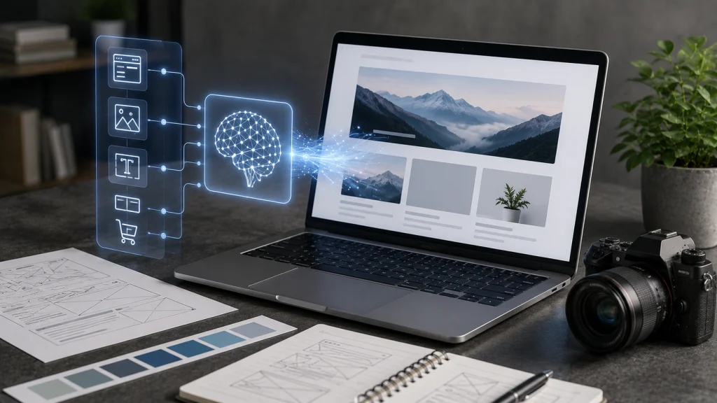 A laptop displaying a website layout beside wireframe sketches and design tools, illustrating how AI website builders help create and organize websites.