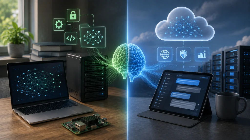 A split workspace showing a self-hosted AI server and a cloud-based AI environment, illustrating the differences between open-source and closed AI models.